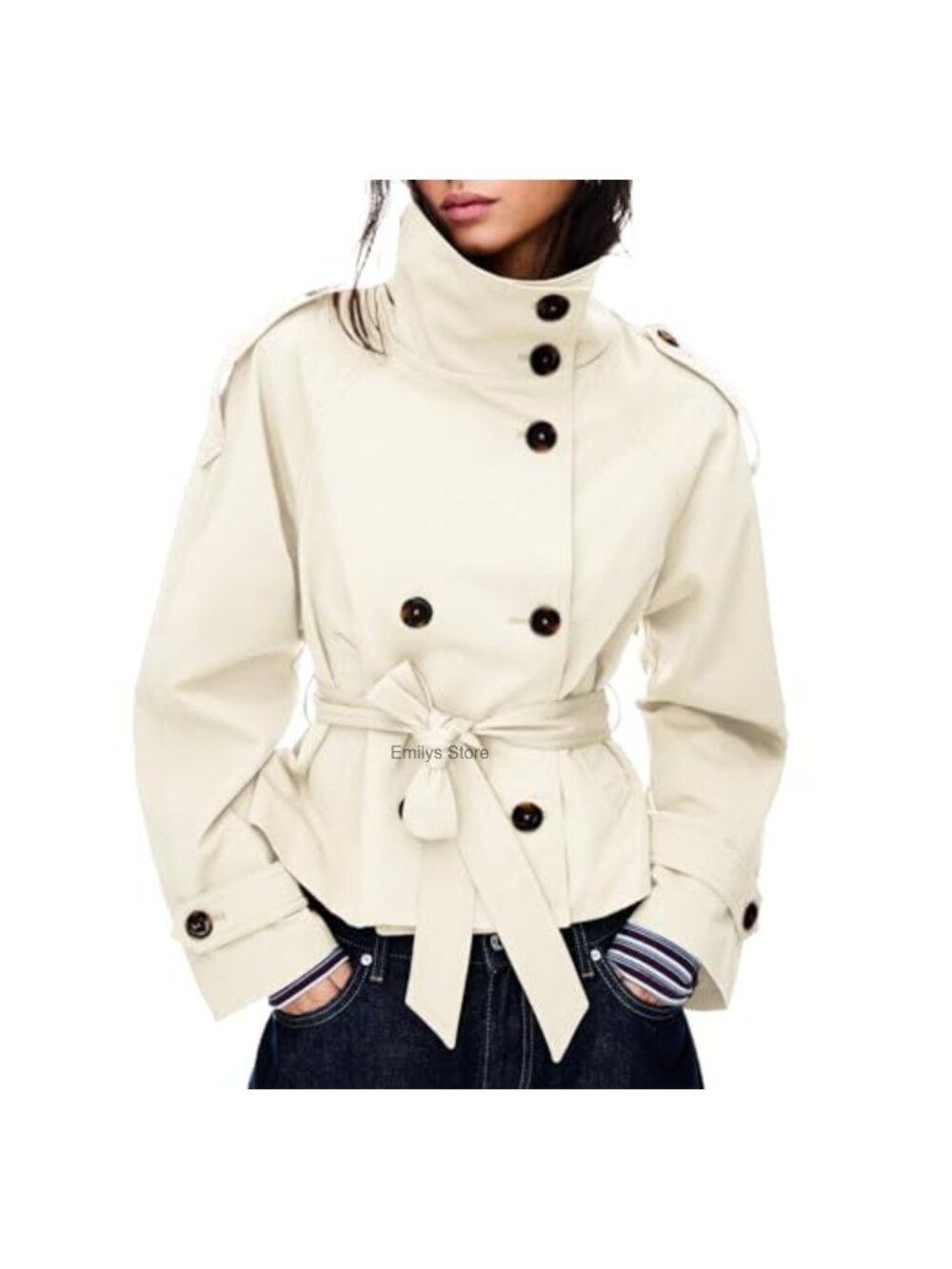 Cropped Trench Coat Double Breasted Belted Funnel Neck Fall Layer